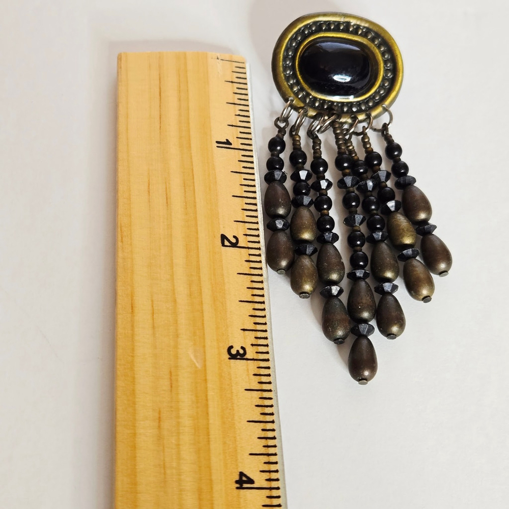Vintage Black Oval Stone Gold Tone Long Dangle Layered Beaded Earrings - Picture 3 of 5